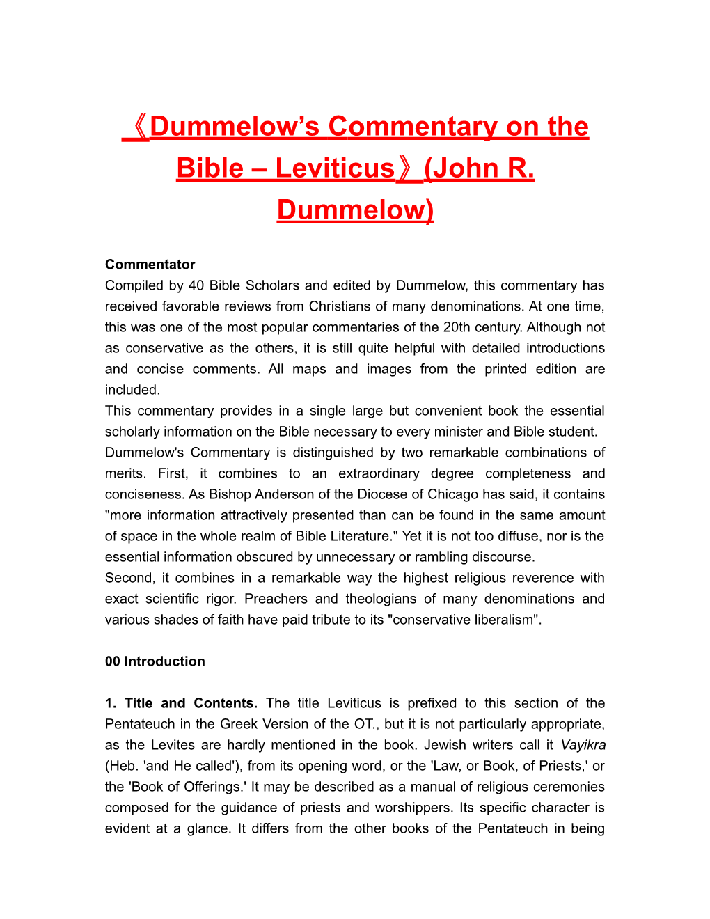 Dummelow Scommentaryon the Bible Leviticus (John R. Dummelow)
