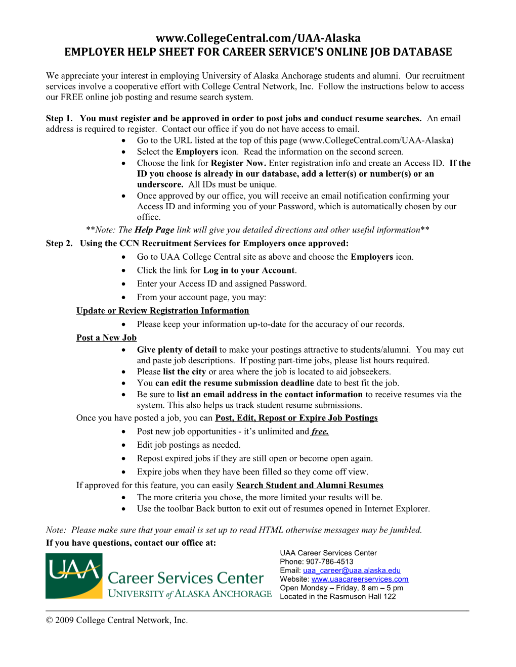 Employer Help Sheet for Career Service's Online Job Database