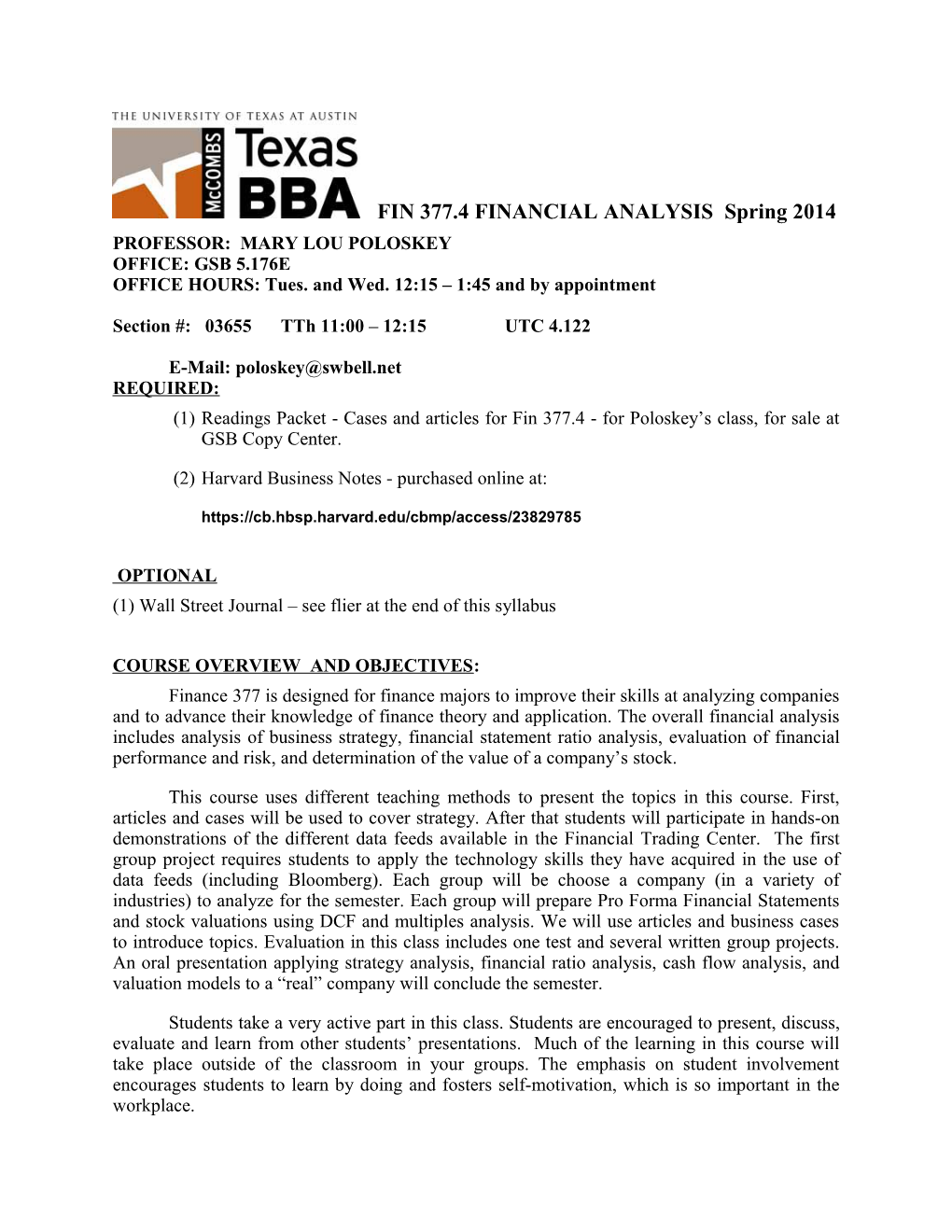 FIN 377.4 FINANCIAL ANALYSIS Spring 2014