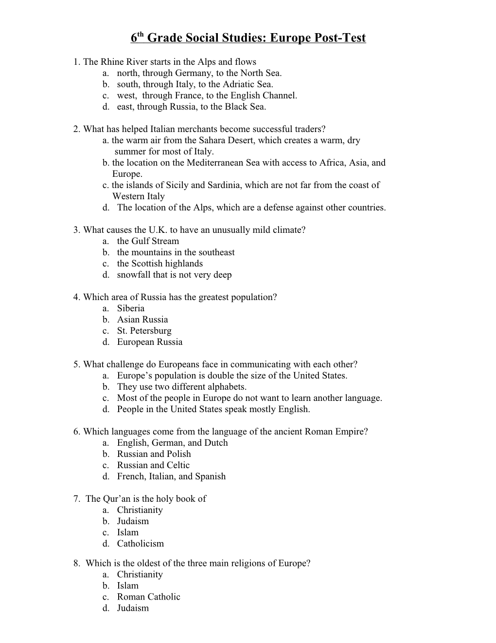 Pretest: Unit 3 Economies and Environmental Issues of Europe