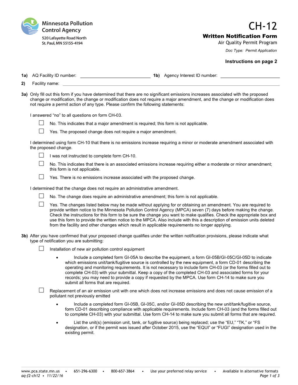CH-12 Written Notification Form Air Quality Permit Program - Form
