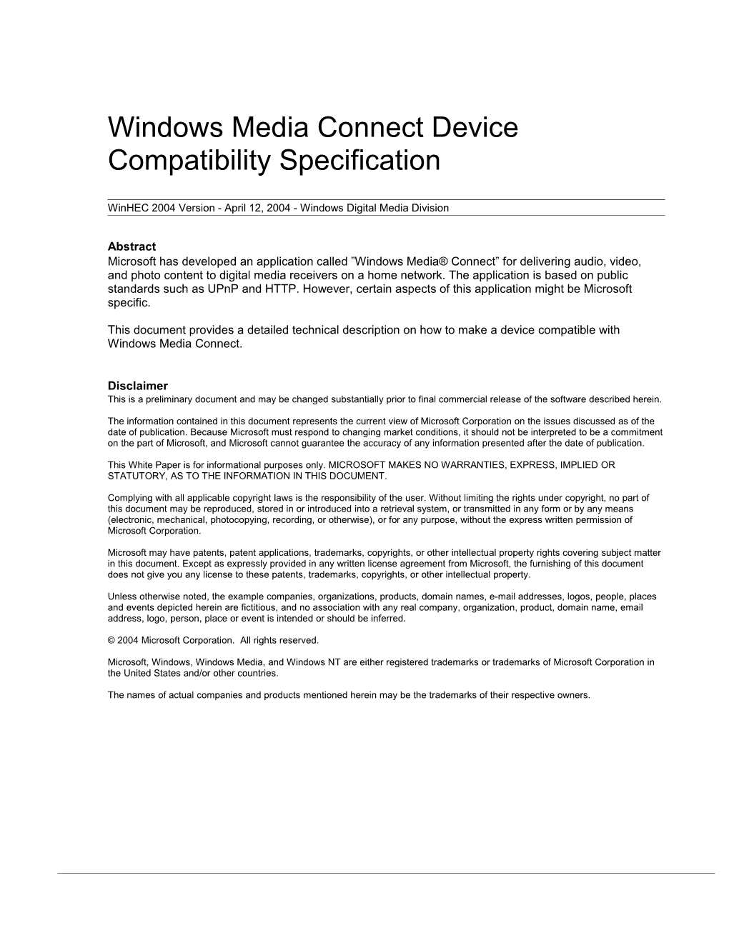 Windows Media Connect Device Compatibility Specification