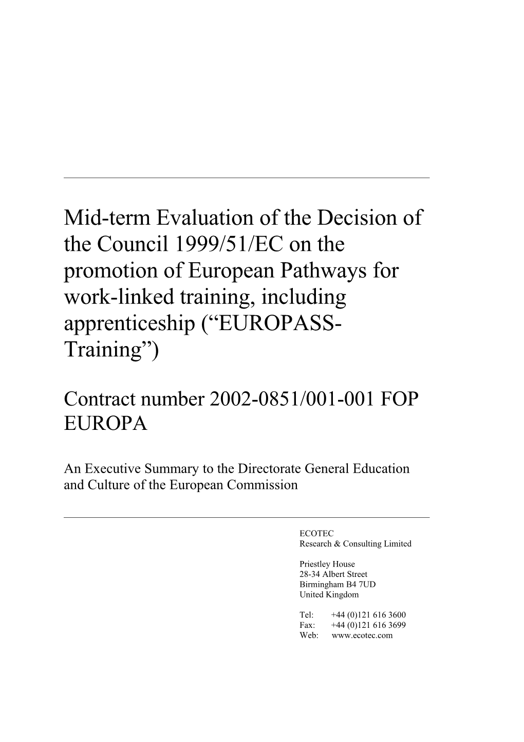 Contract Number 2002-0851/001-001 FOP EUROPA