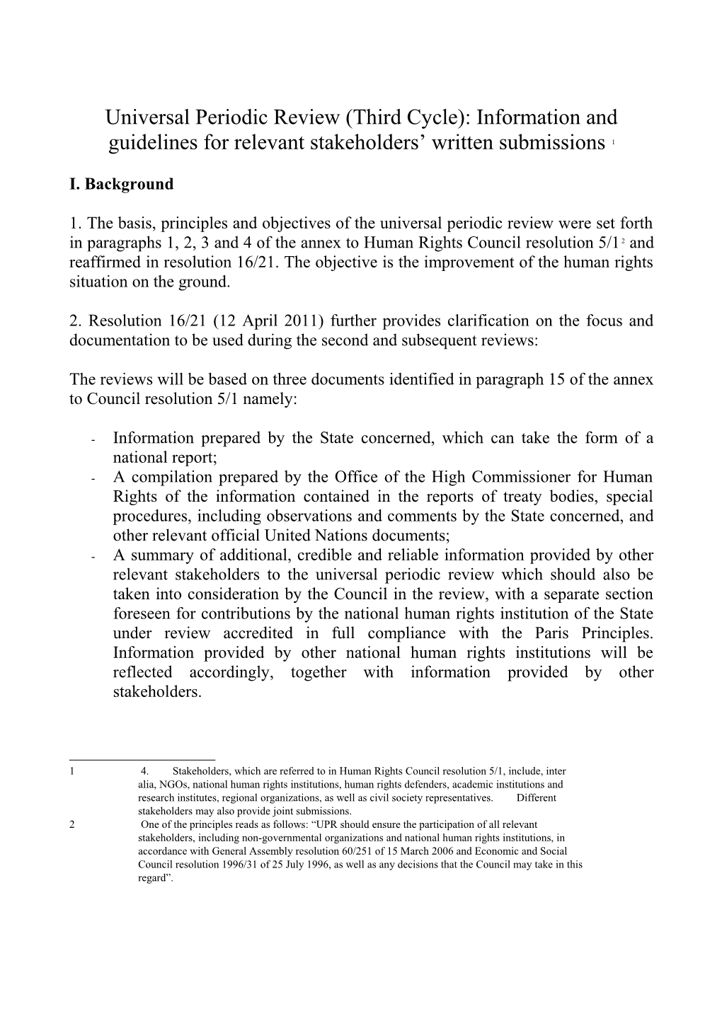 Universal Periodic Review (Third Cycle): Information and Guidelines for Relevant Stakeholders