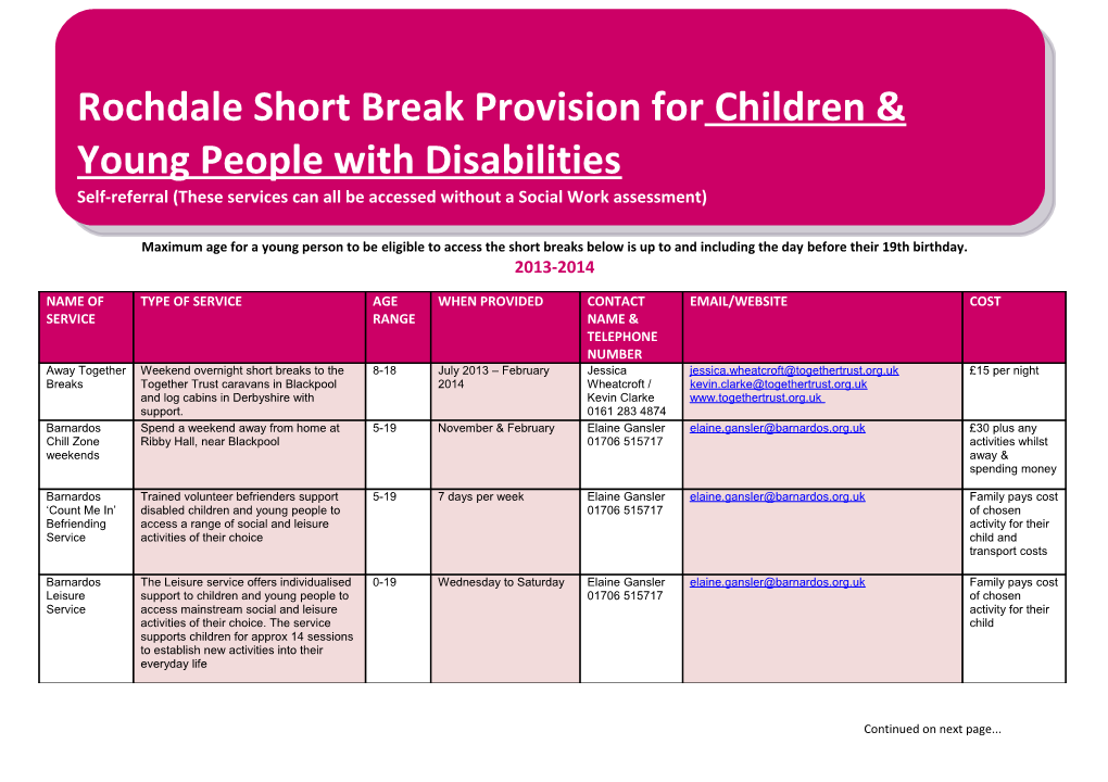Rochdale Short Break Provision for Children & Young People with Disabilities
