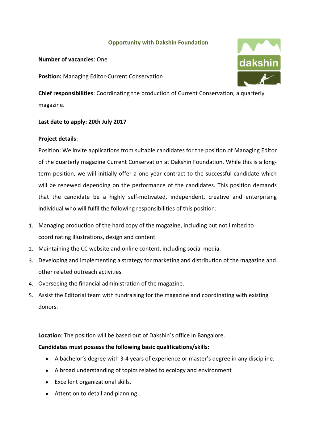 Position:Managing Editor-Current Conservation