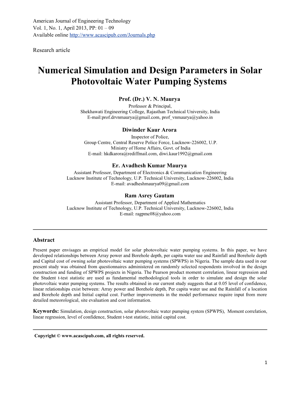 Numerical Simulation and Design Parameters in Solar Photovoltaic Water Pumping Systems
