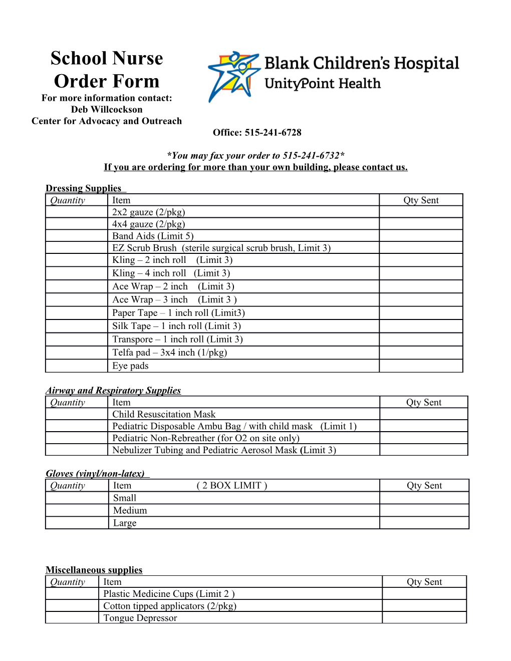 School Nurse Order Form