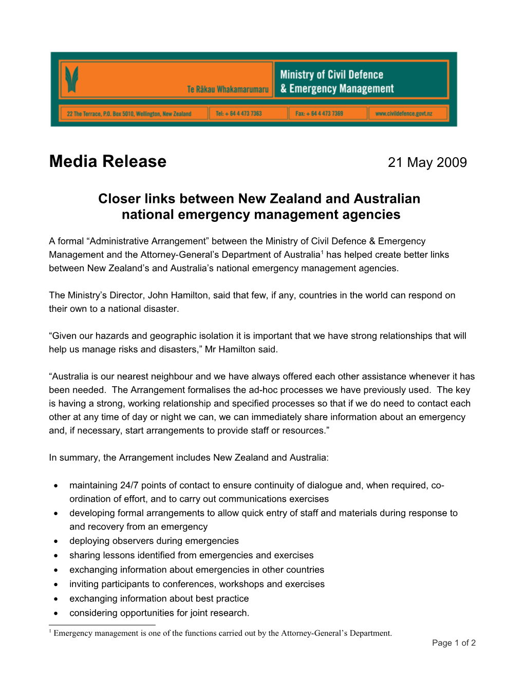 Closer Links Between New Zealand and Australian National Emergency Management Agencies