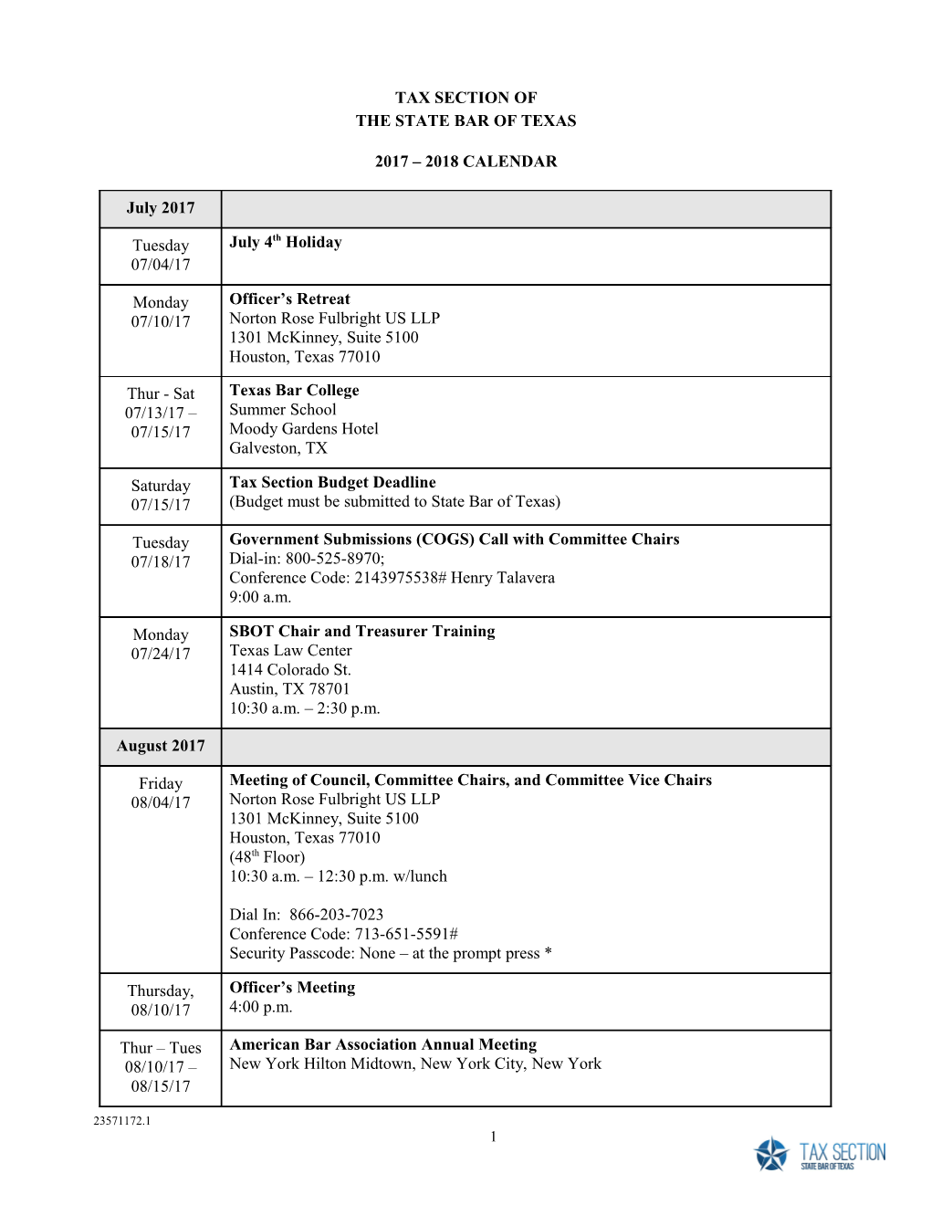 2016-2017 SBOT Tax Section Calendar Revised Sept 1