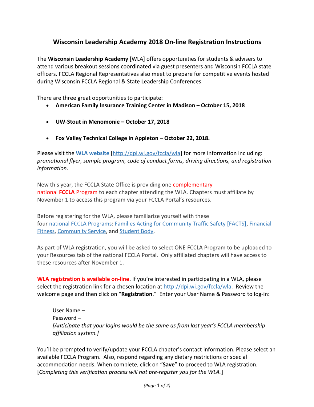 Wisconsin Leadership Academy On-Line Registration Instructions - FCCLA
