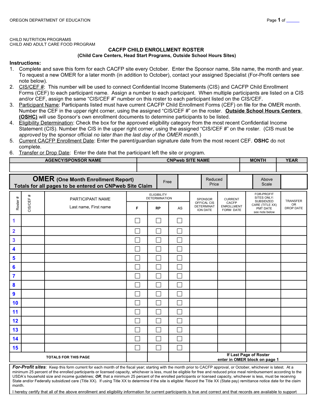 Center Enrollment/Eligibility Roster - Child and Adult Care Food Program (CA Dept of Education)