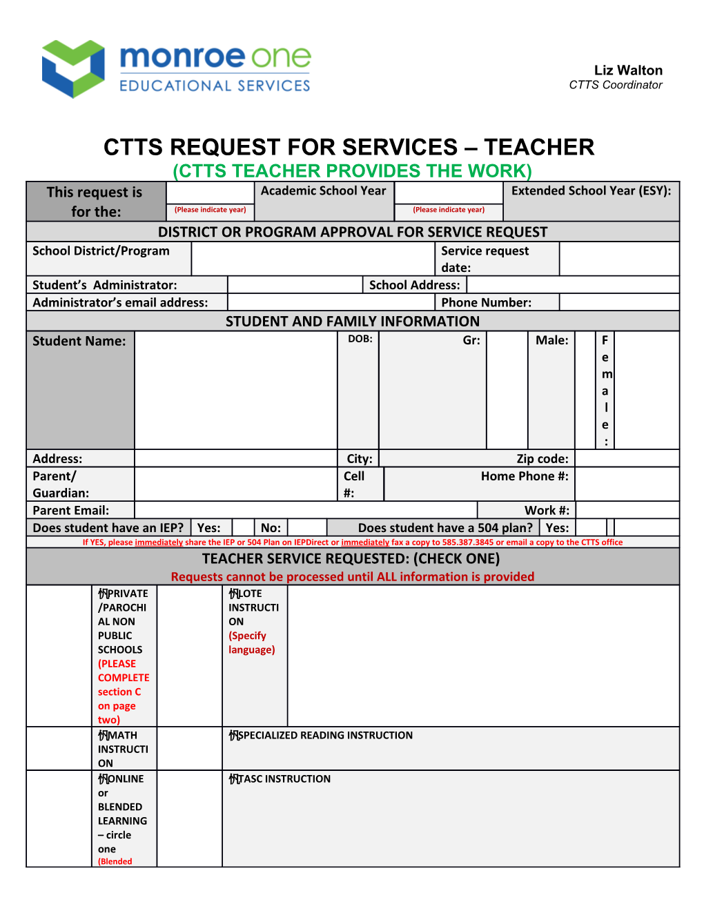 Ctts Request for Services Teacher (Ctts Teacher Provides the Work)