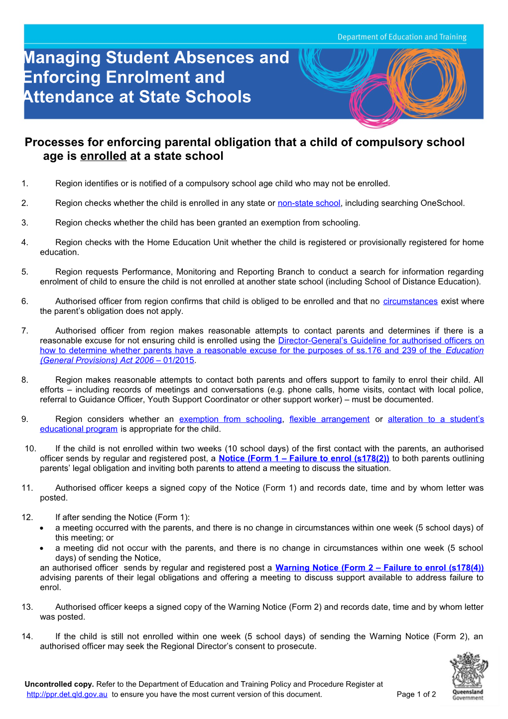 Processes for Enforcing Parental Obligation That a Child of Compulsory School Age Is Enrolled