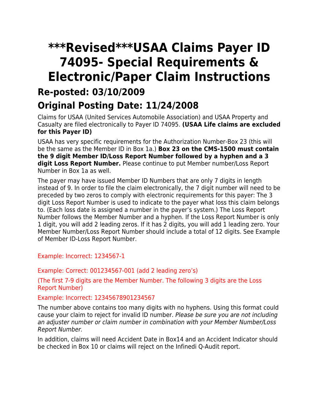 Revised USAA Claims Payer ID 74095- Special Requirements & Electronic/Paper Claim Instructions