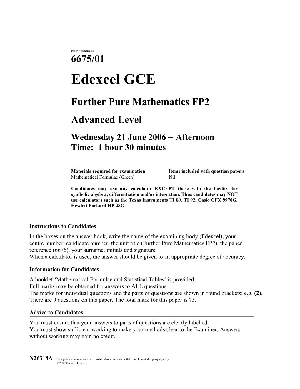 Past Paper - 6675 Further Pure FP2 June 2006