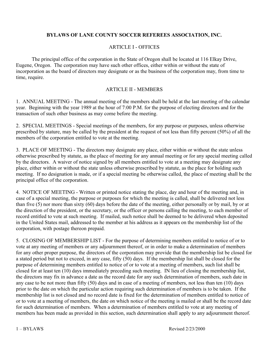 Bylaws of Lane County Soccer Referees Association, Inc