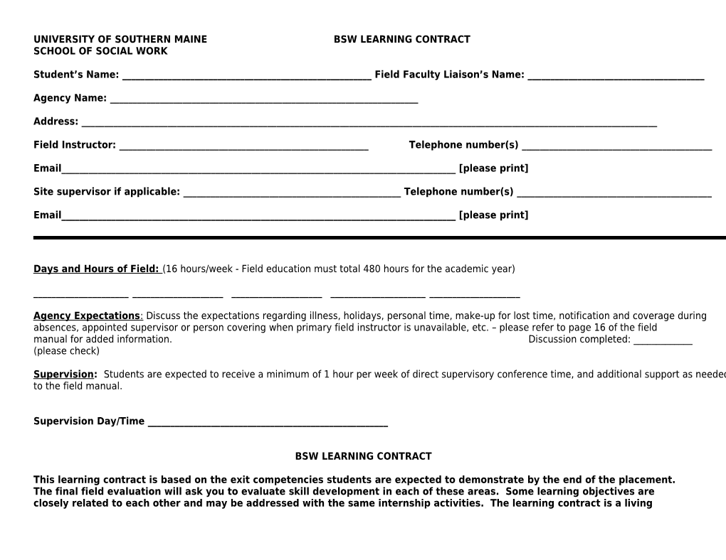 Bsw Senior Year Learning Contract
