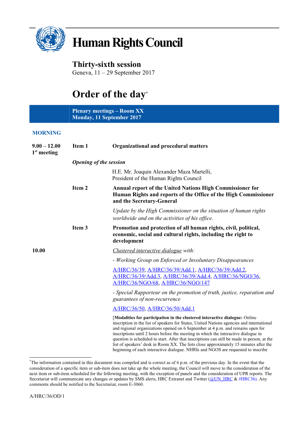 Monday, 11 September, Order of the Day in English
