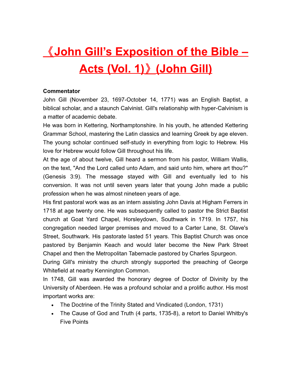 John Gill S Exposition of the Bible Acts (Vol. 1) (John Gill)