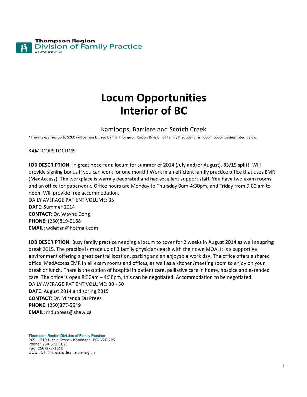 Locum Opportunities
