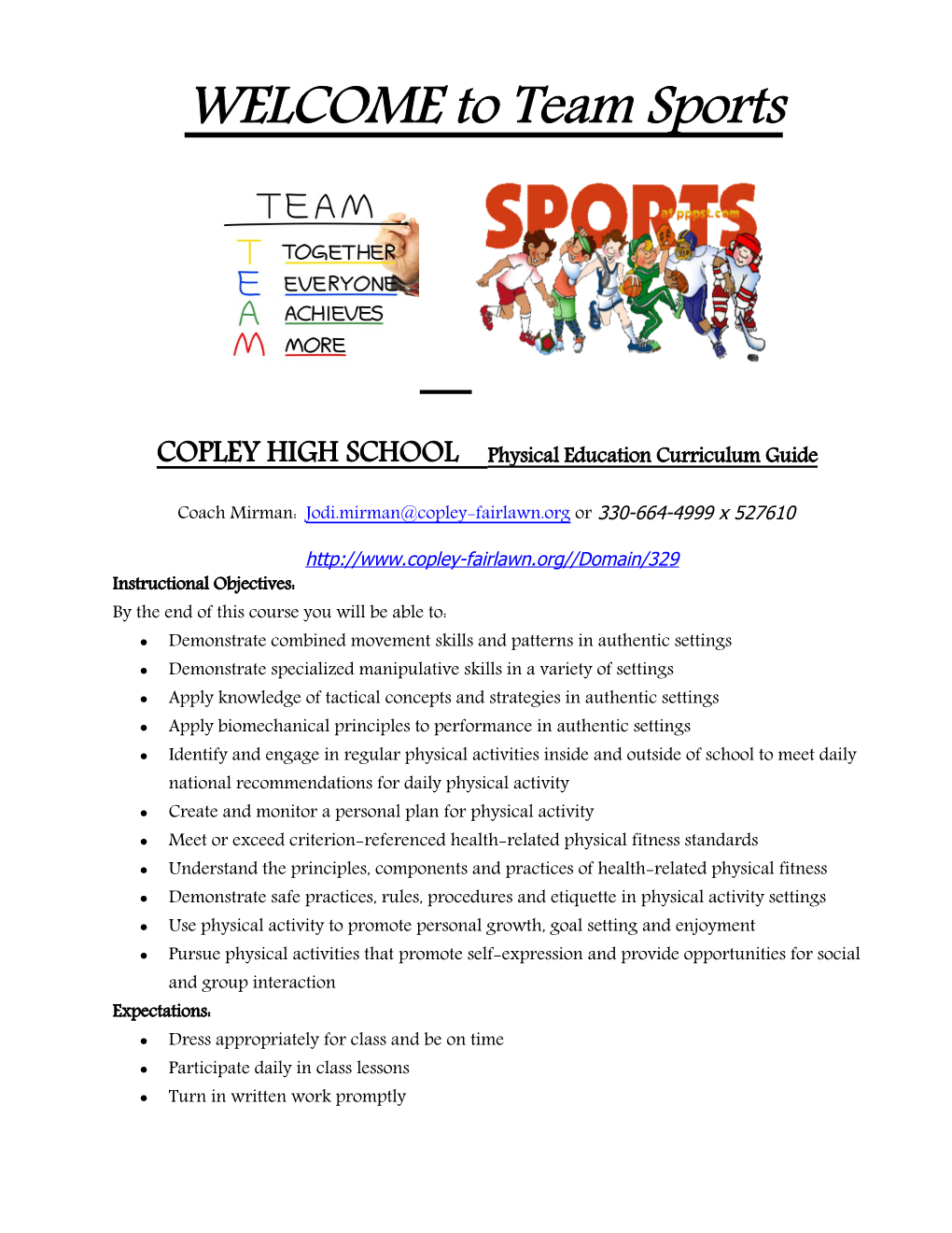 COPLEY HIGH SCHOOL Physical Education Curriculum Guide