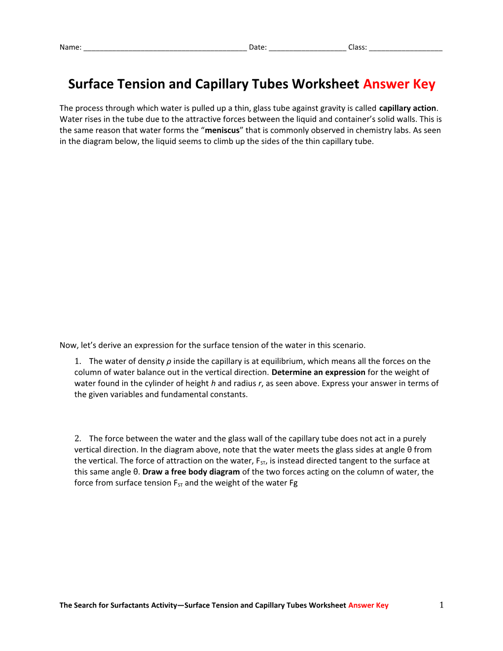 Surface Tension and Capillary Tubesworksheetanswer Key