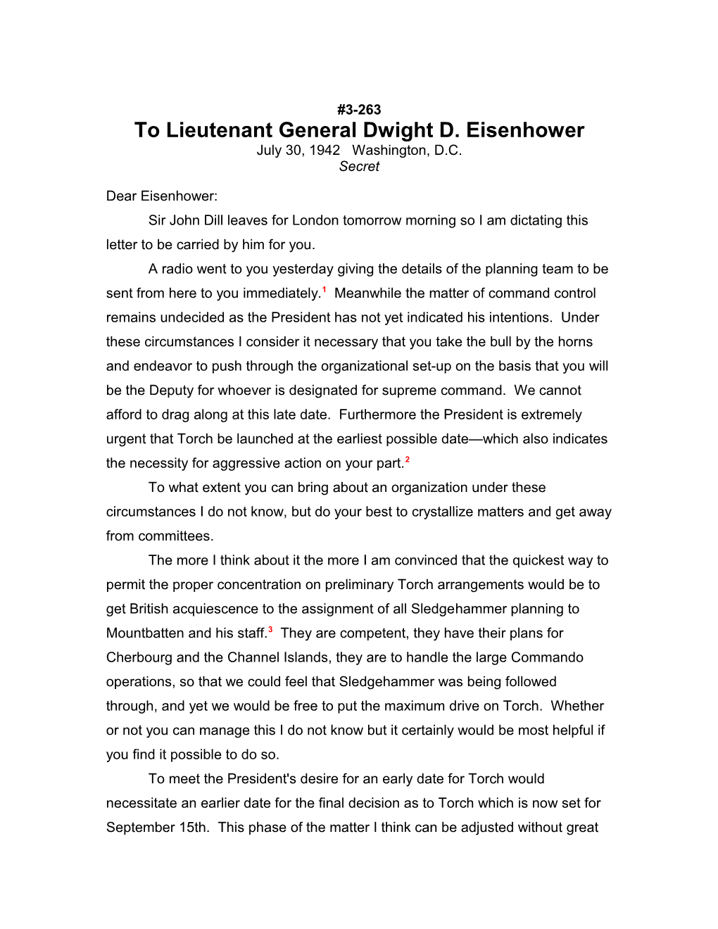 To Lieutenant General Dwight D. Eisenhower