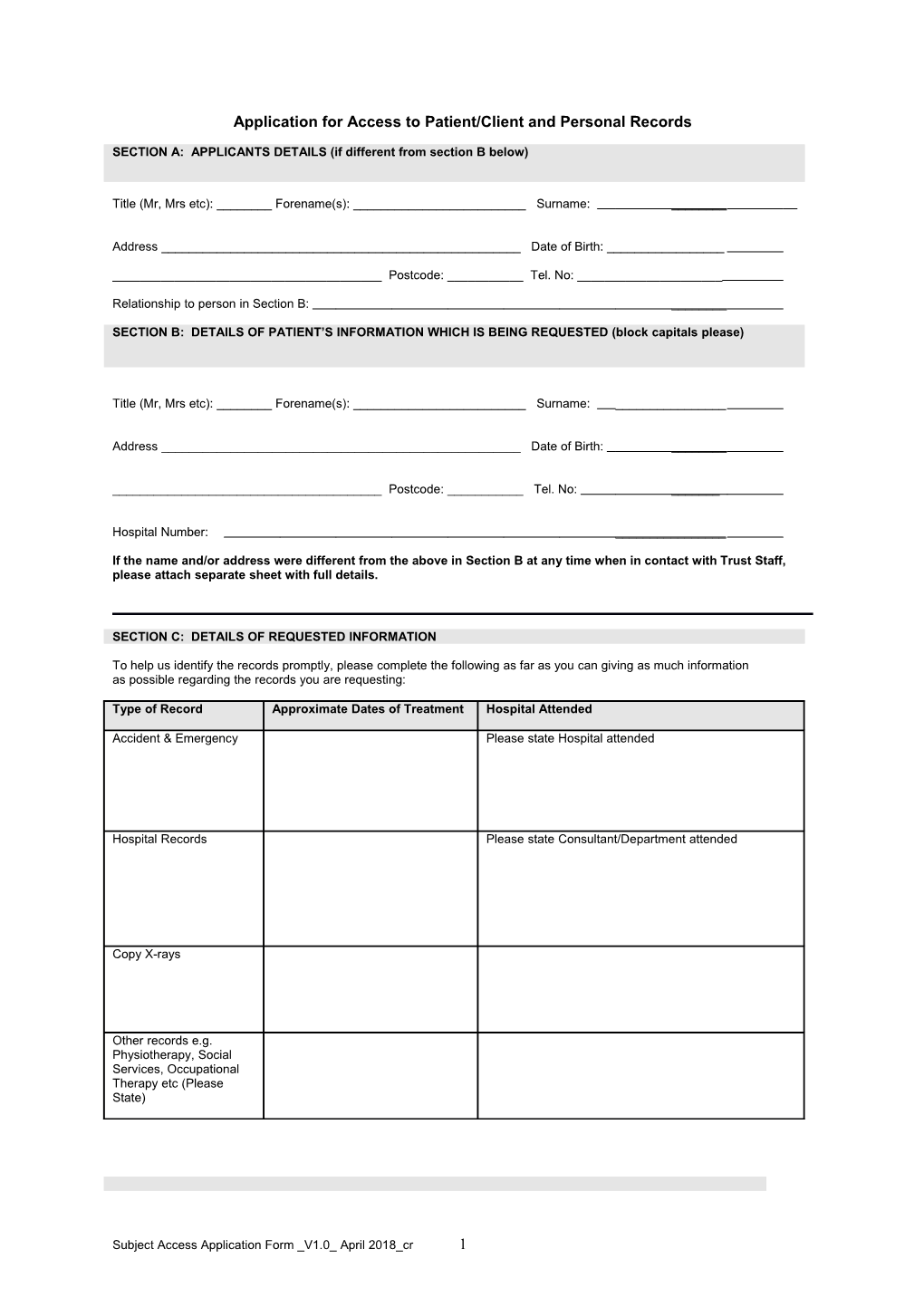 Application for Access to Patient/Client and Personal Records