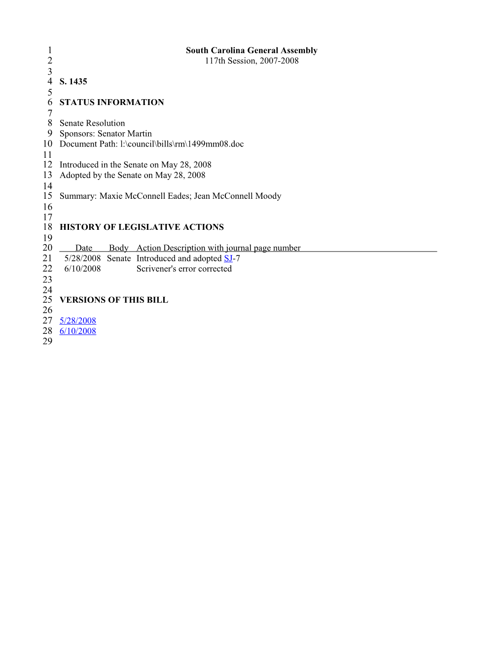 2007-2008 Bill 1435: Maxie Mcconnell Eades; Jean Mcconnell Moody - South Carolina Legislature