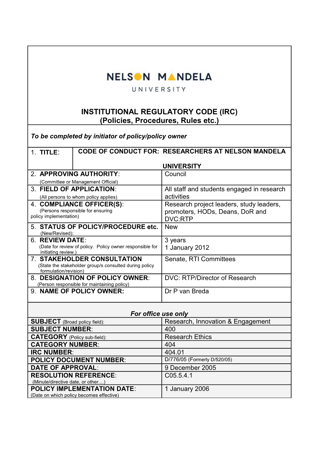 Code of Conduct for Researchers