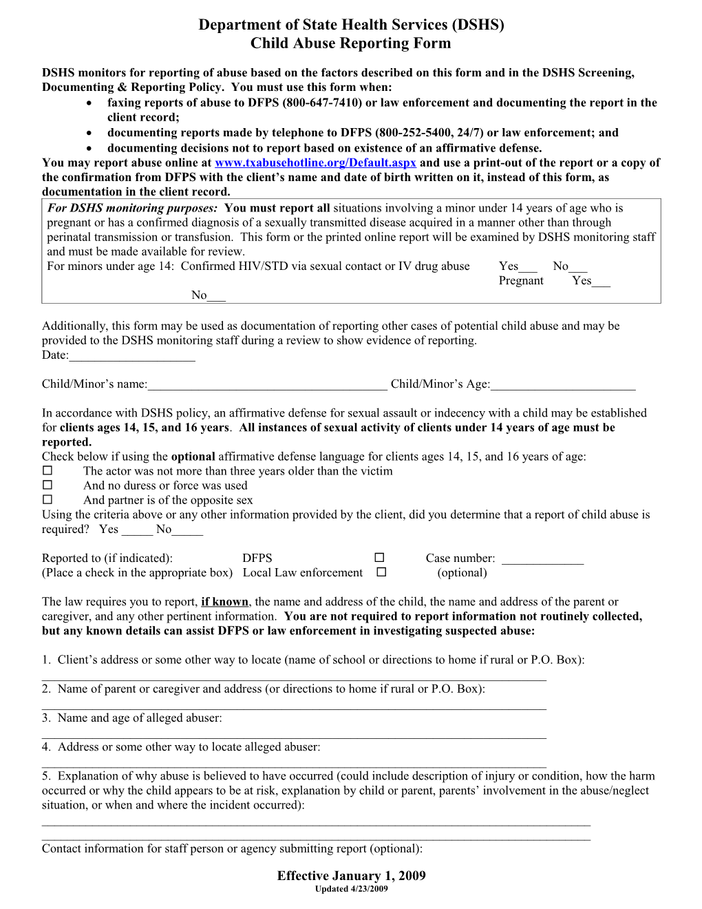 DSHS Child Abuse Reporting Form