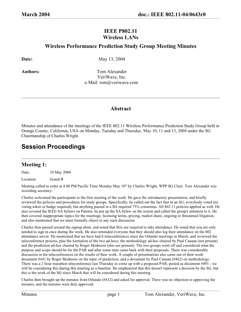 Wireless Performance Prediction Study Group Meeting Minutes