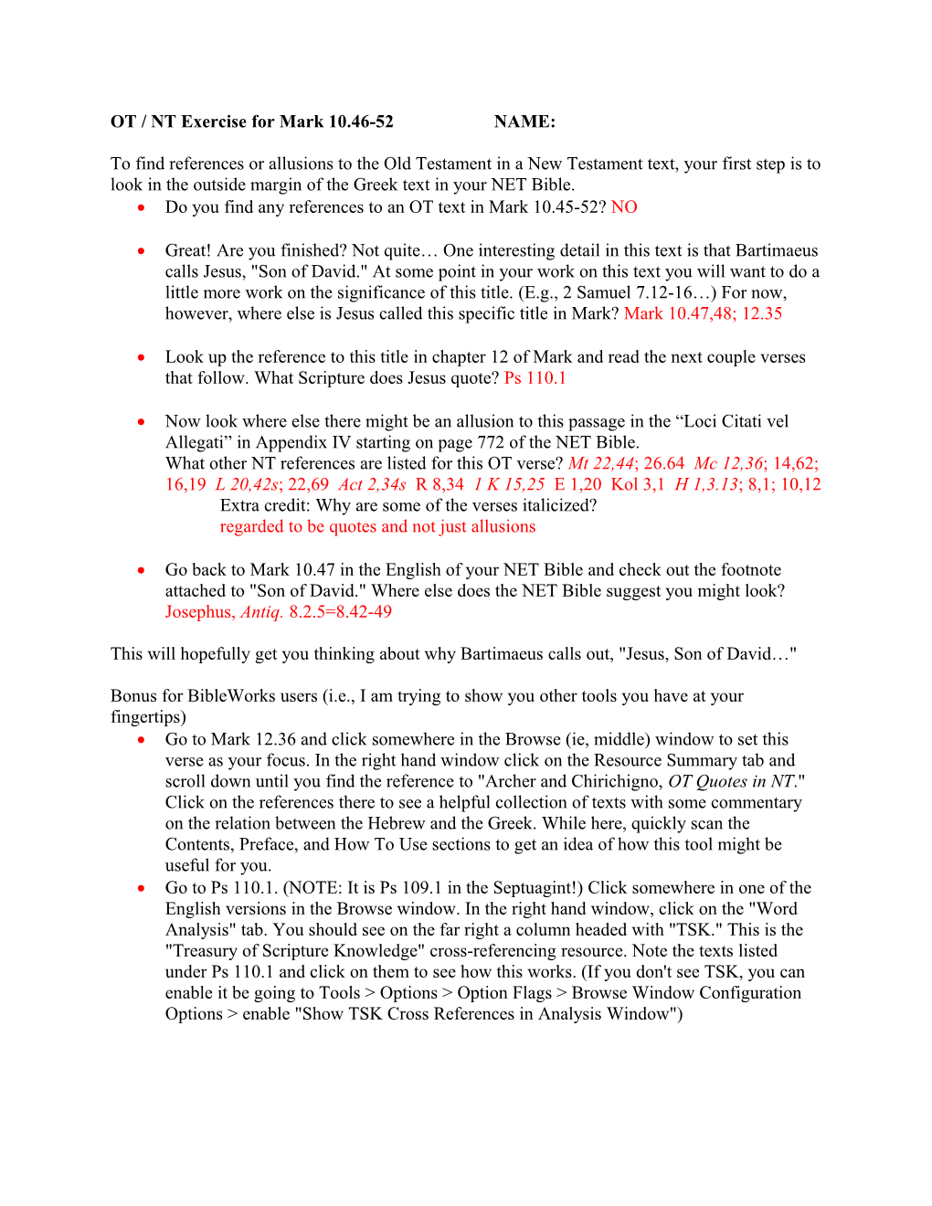 OT / NT Exercise for Mark 10.46-52