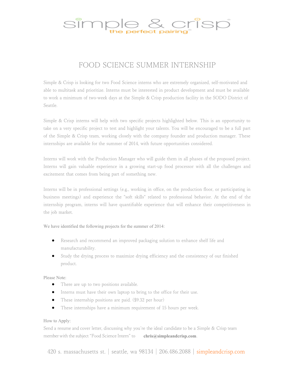 Food Science Summer Internship