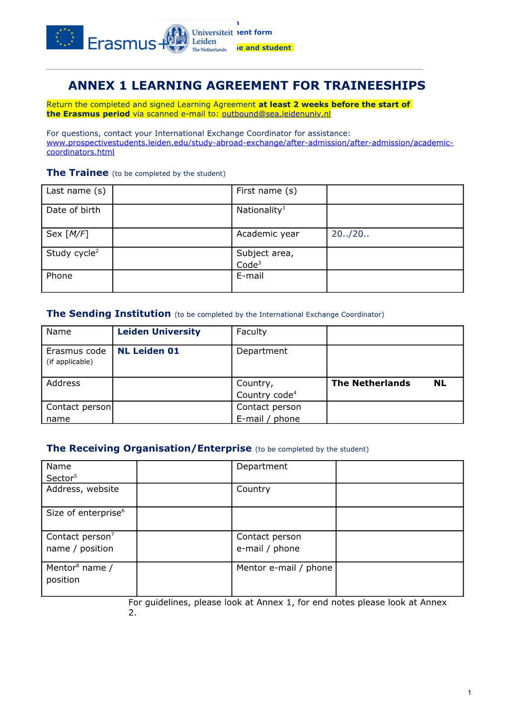 Annex 1 Learning Agreement for Traineeships