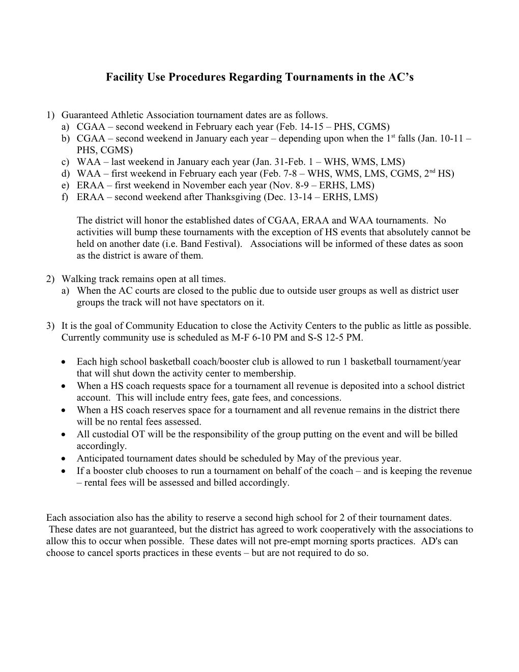 Facility Use Procedures Regarding Tournaments in the AC S