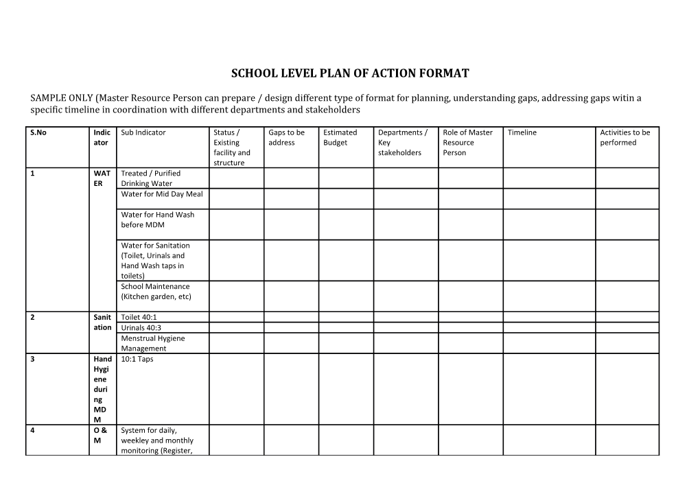 School Level Plan of Action Format