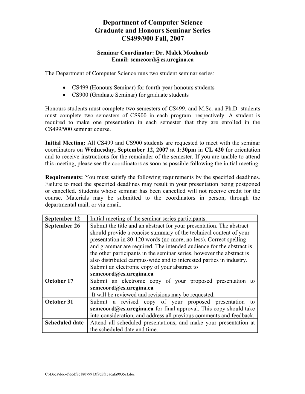 Graduate and Honours Seminar Series