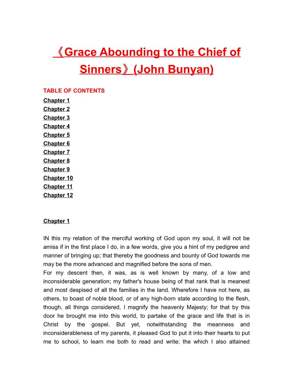 Grace Abounding to the Chief of Sinners (John Bunyan)