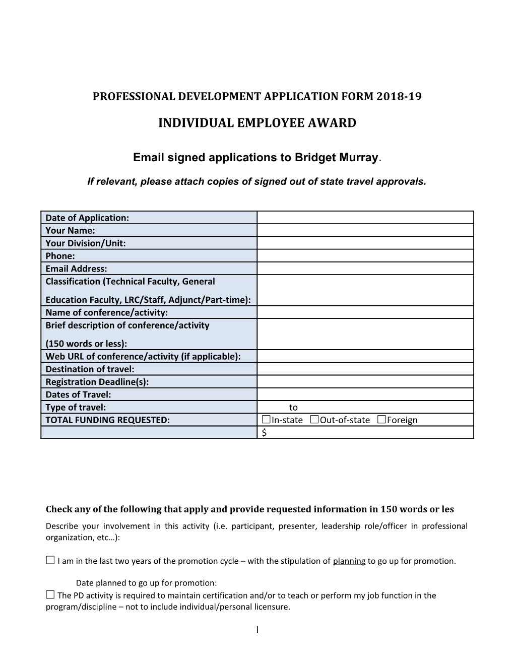 Professional Development Application Form 2018-19
