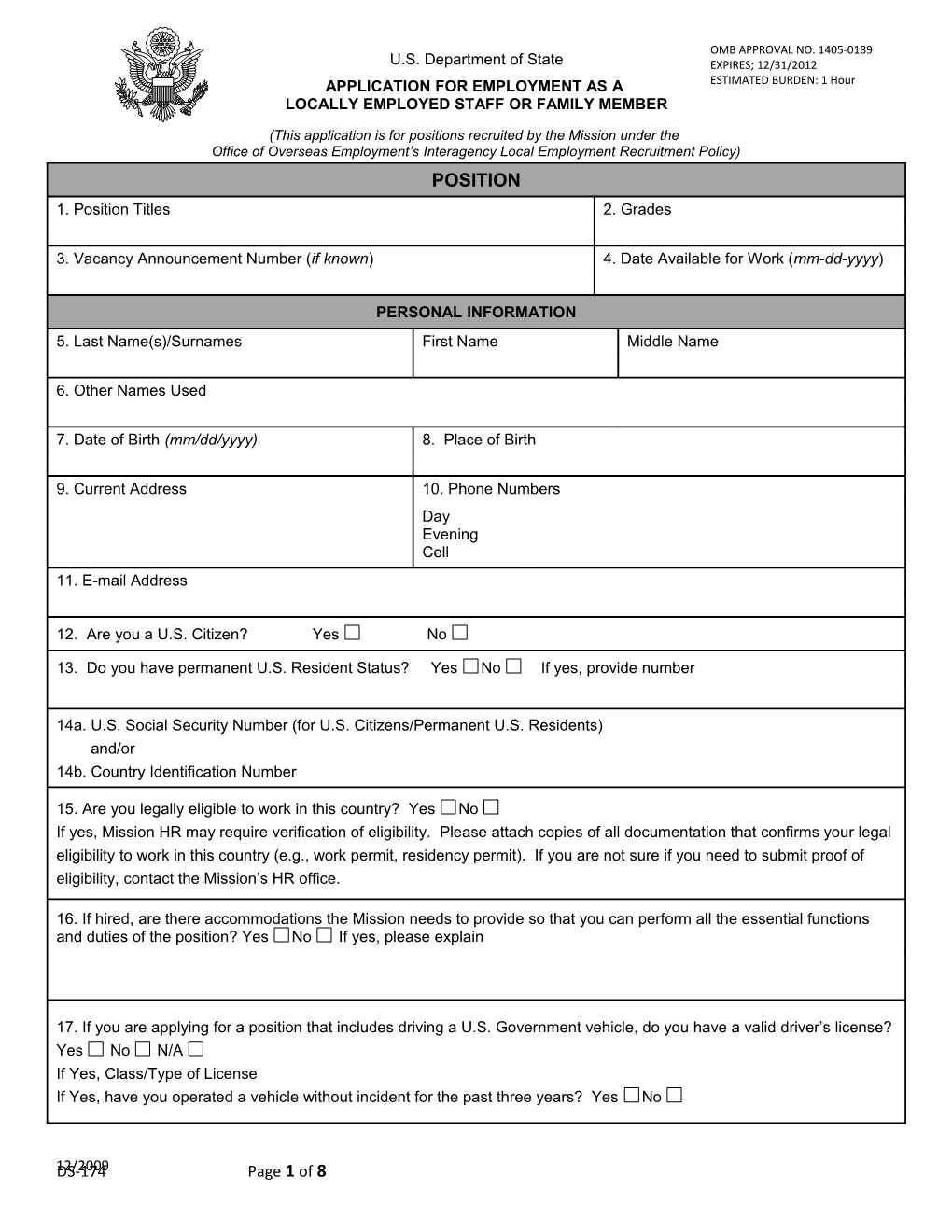 Application for Employment As a Locally Employed Staff Or Family Member