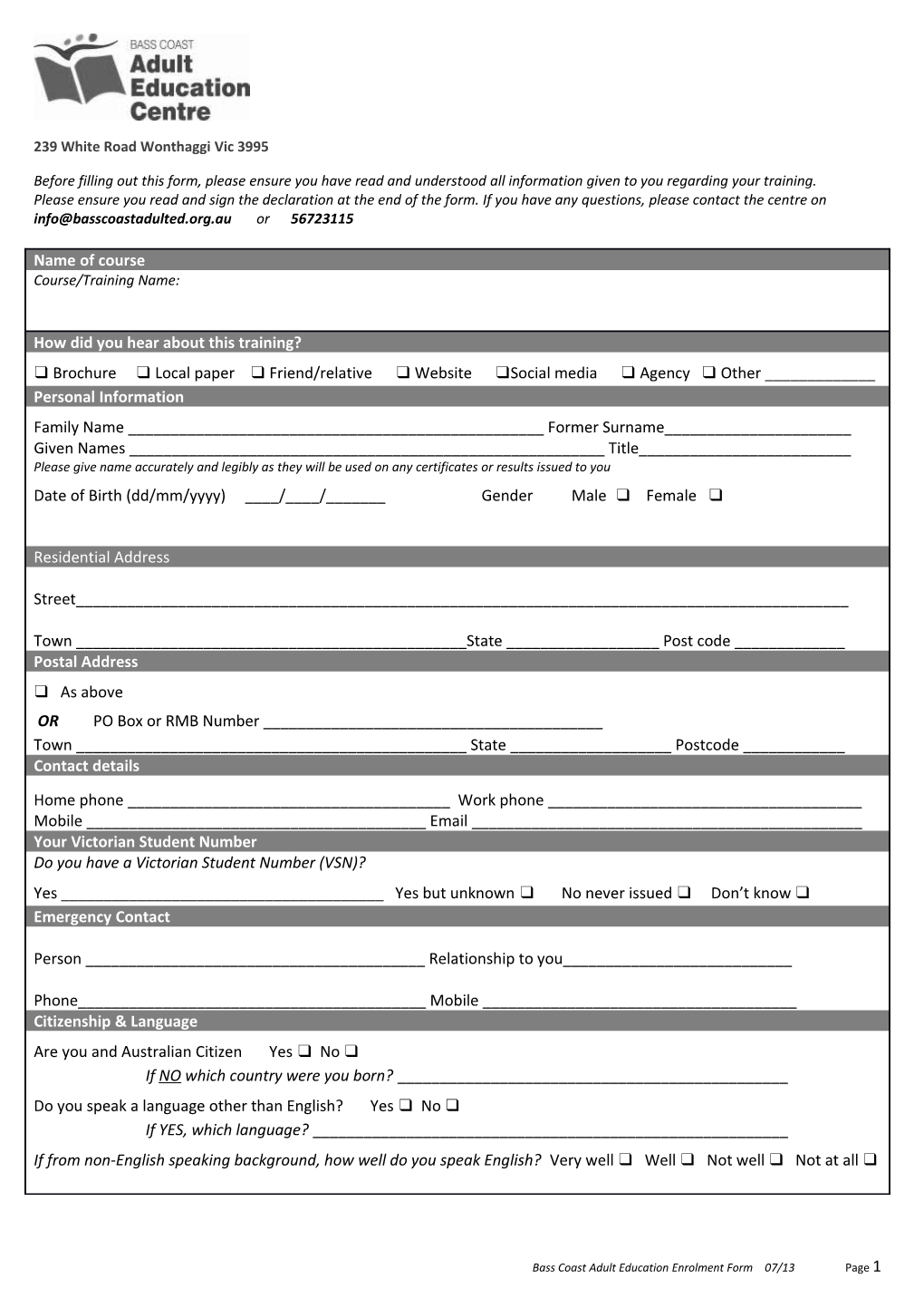 Bass Coast Adult Education Enrolment Form 07/13 Page 1