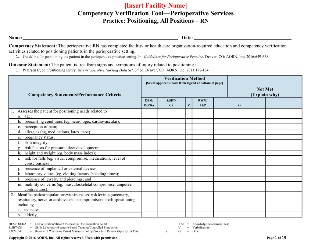 Competency Verification Tool Perioperative Services