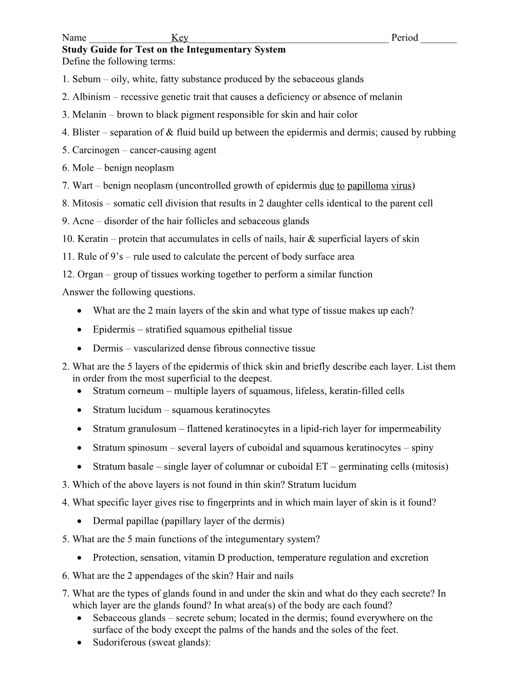 Study Guide for Test on the Integumentary System