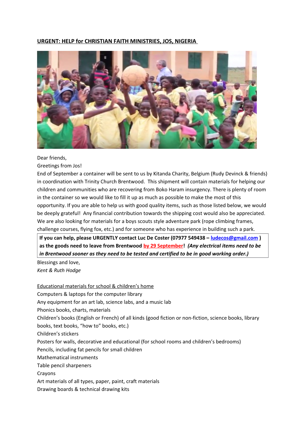 URGENT: HELP for CHRISTIAN FAITH MINISTRIES, JOS, NIGERIA