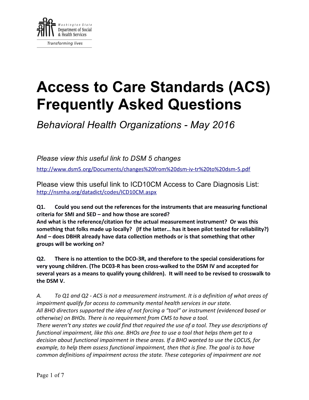 Access to Care Standards (ACS) Frequently Asked Questions