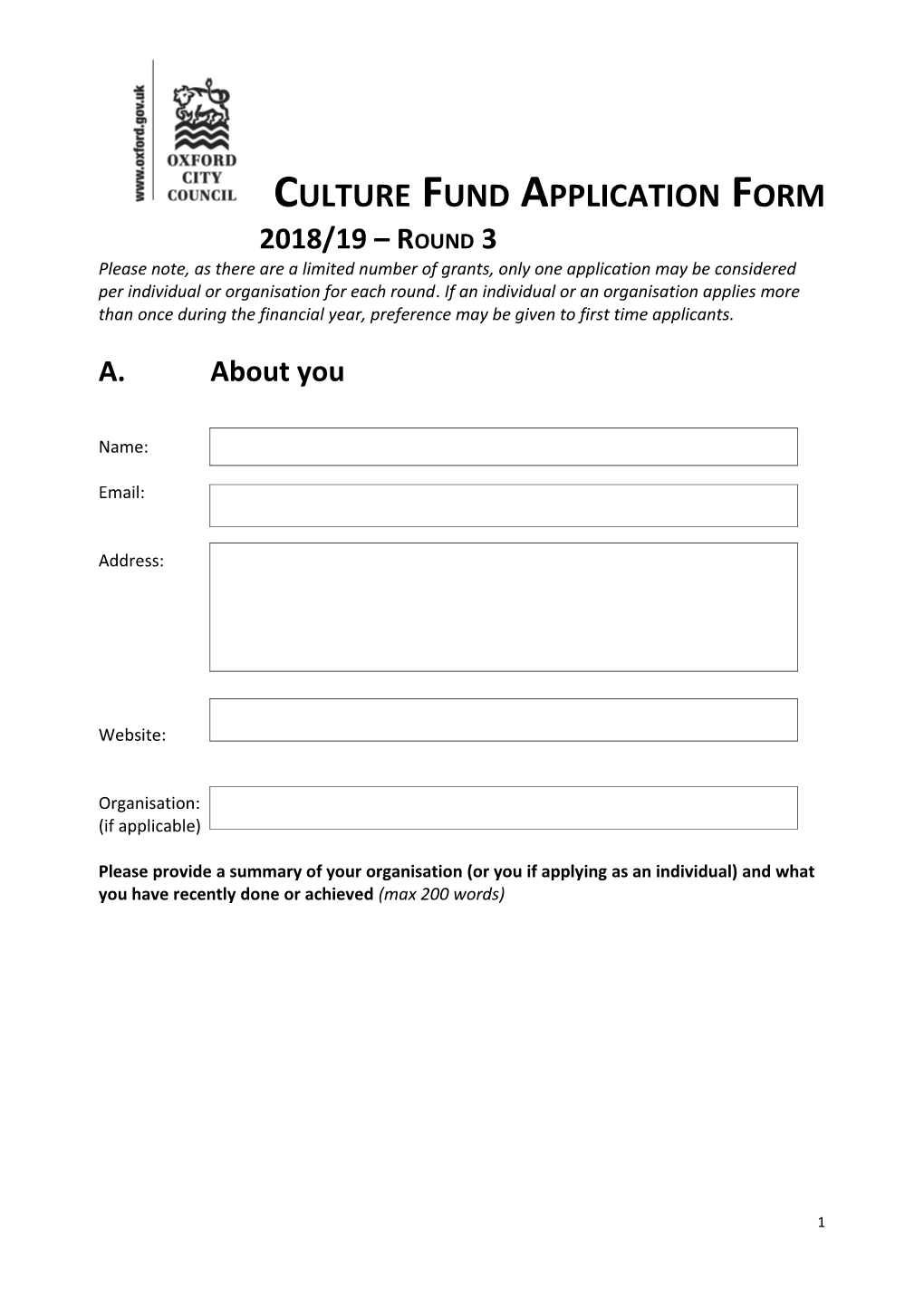 Application Form for Oxford City Council