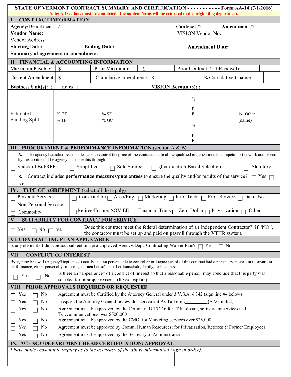 STATE of VERMONT CONTRACT SUMMARY and CERTIFICATION Form AA-14