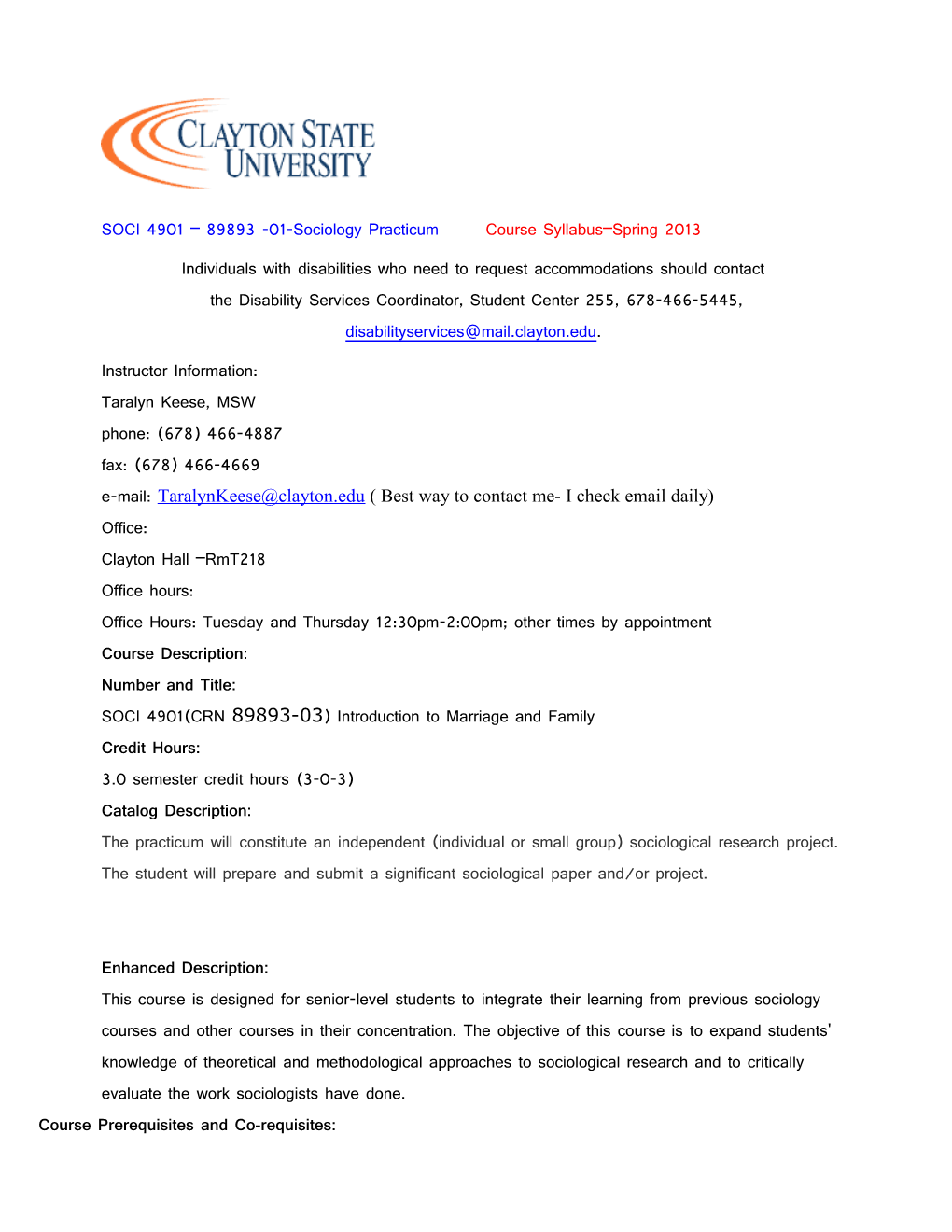 SOCI 4901 89893 -01-Sociology Practicum Course Syllabus Spring 2013